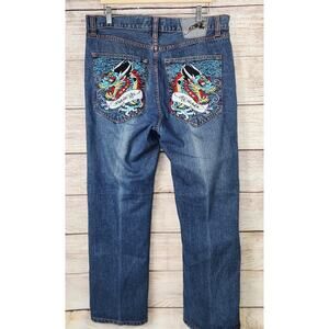Vintage Y2K Ed Hardy Embroidered Size 36 Mens Baggy Denim Jeans